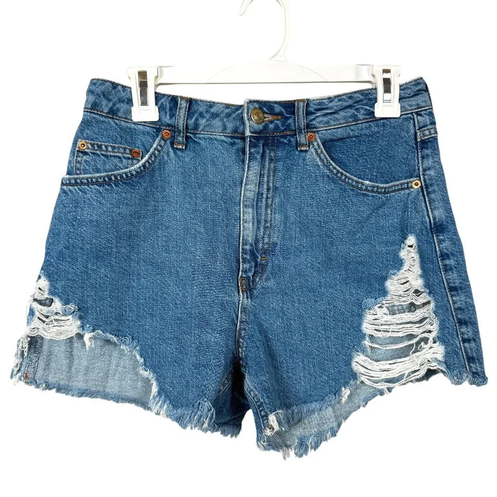 Topshop Denim Jean Shorts Womens 6 Blue Distressed Raw Hem 90s High Rise